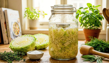 צנצנת כרוב כבוש ביתי בתהליך התססה - פרוביוטיקה טבעית