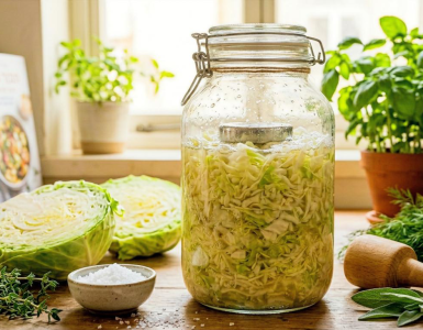 צנצנת כרוב כבוש ביתי בתהליך התססה - פרוביוטיקה טבעית