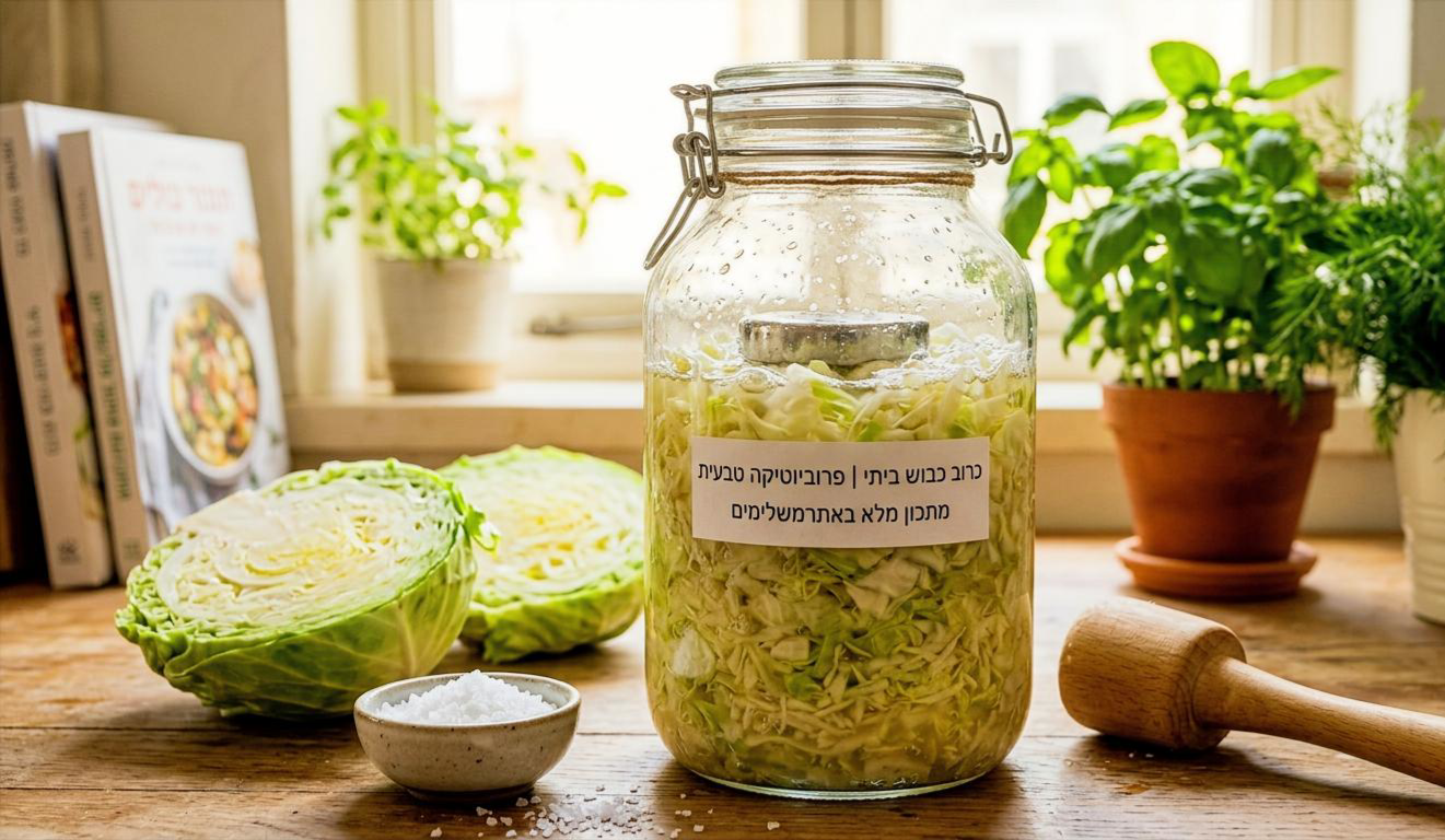 צנצנת כרוב כבוש ביתי בתהליך התססה - פרוביוטיקה טבעית