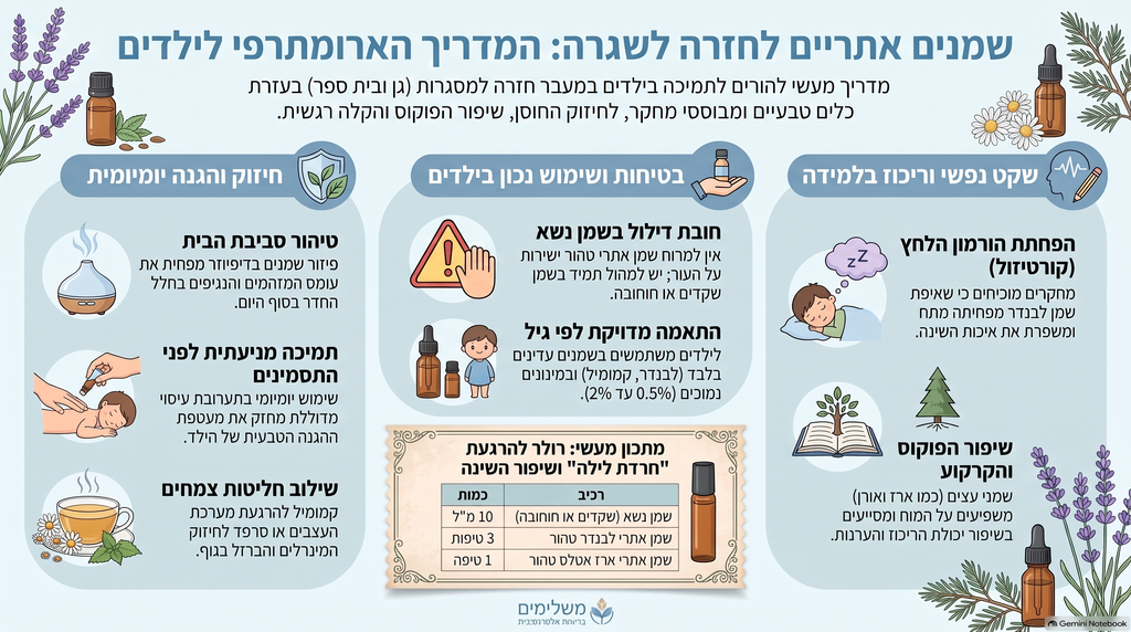אינפוגרפיה מדריך ארומתרפי לילדים לחזרה לשגרה - שמנים אתריים לבטיחות, חיזוק חיסוני ופוקוס בלמידה