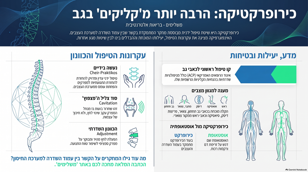 אינפוגרפיקה: כירופרקטיקה - עקרונות הטיפול, יעילות מחקרית והבדל מאוסטאופתיה