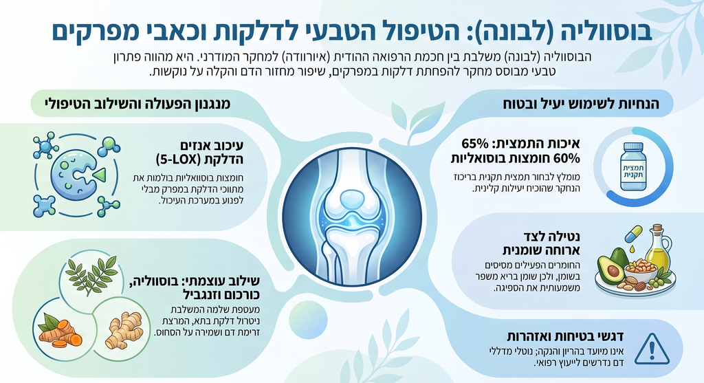 אינפוגרפיקה: בוסווליה לבונה טיפול טבעי בדלקת ומכאבי מפרקים - הנחיות שימוש ומנגנון פעולה